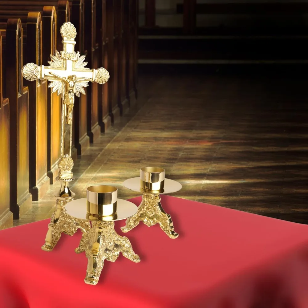 Elegant Brass Cross with Candle Holders Altar Set, Catholic Church Supplies, 16.75 Inches