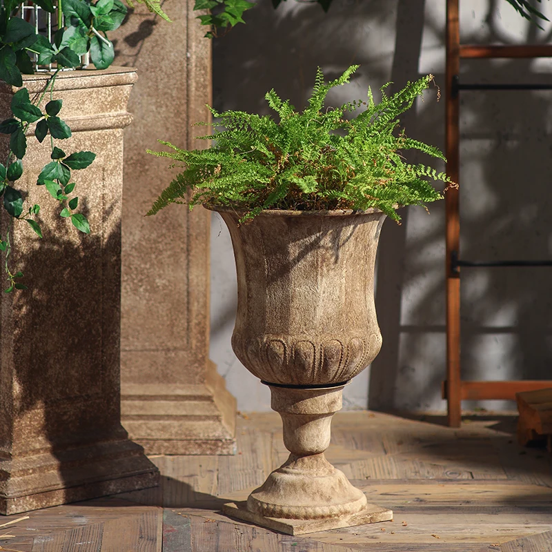 Premium English Garden Architectural Urn Planter, Tall Rustic Iron Pedestal Vase, Vintage European Estate Flower Pot