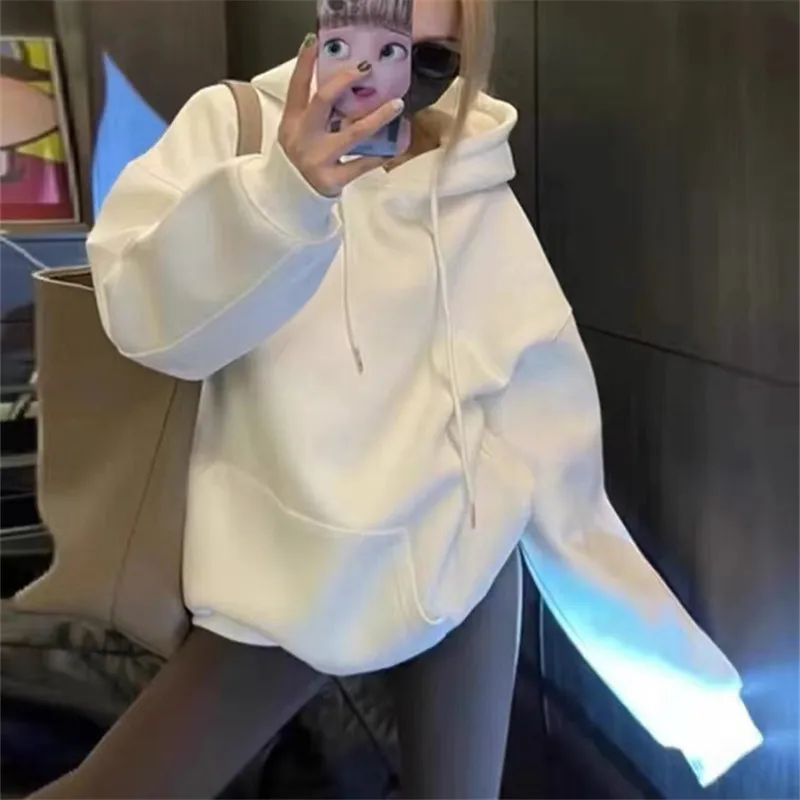 الرجعية الأمريكية بلون العصرية الأبيض هوديي المرأة الخريف الشتاء فضفاض كسول نمط الصوف مبطن سميكة تنوعا سترة #4