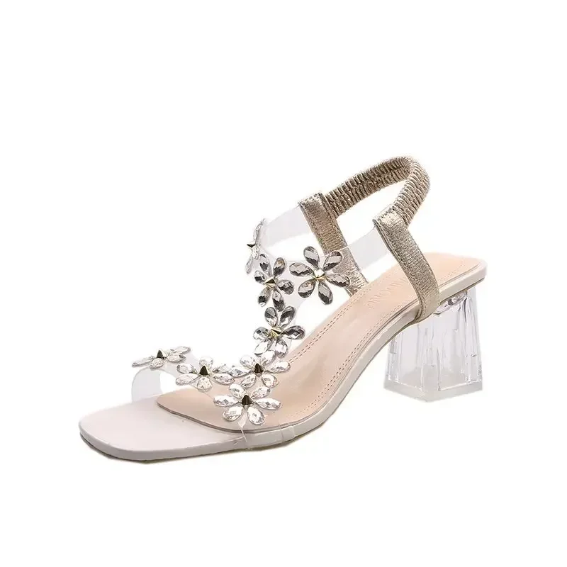 Shoes for Women 2024 Hot Sale Elastic Band Women Sandals Square Toe Solid Rhinestones Transparent Chunky Heels Sandals Women