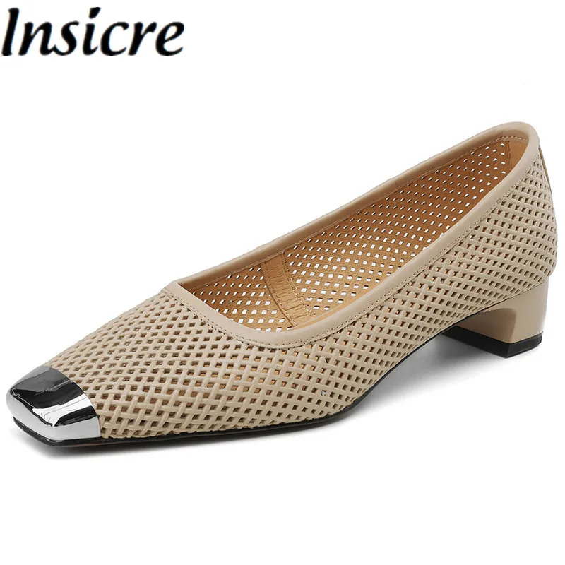 

Insicre 2024 New Women's Pumps Thick Low Heels Square Metal Toe Sheepskin Shallow Mature Summer Shoes Hollow Handmade