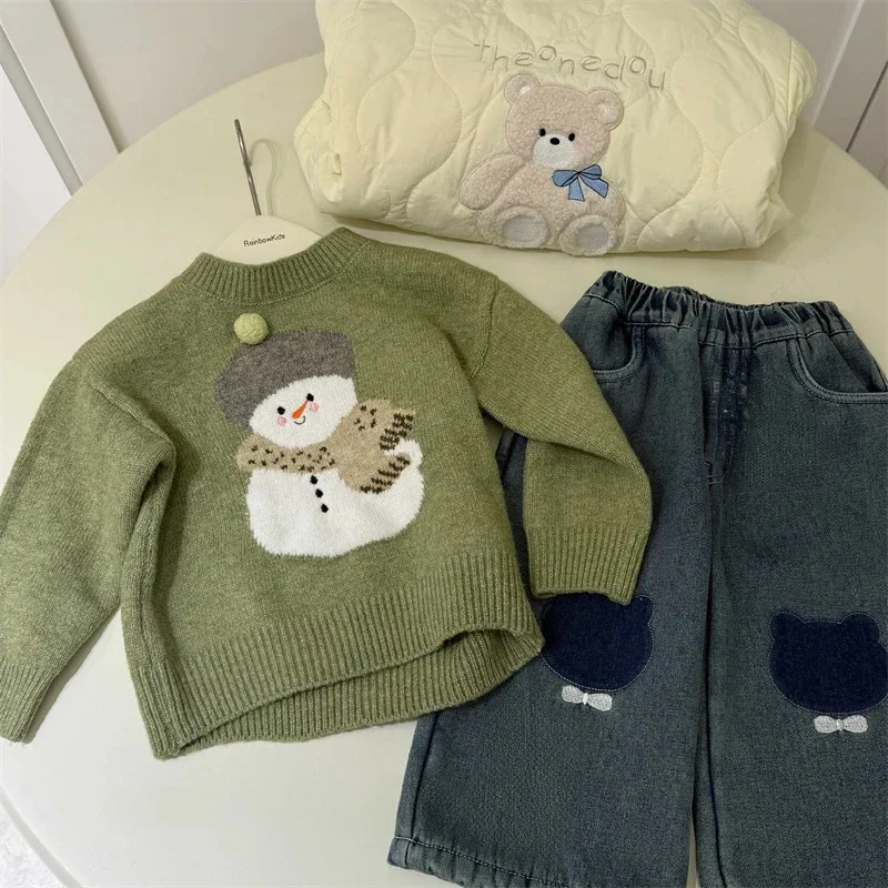 

Girls' Winter Outfit Pullover New High-end Feel Boys and Girls Baby Knitted Little Snowman Top Thickened Jeans