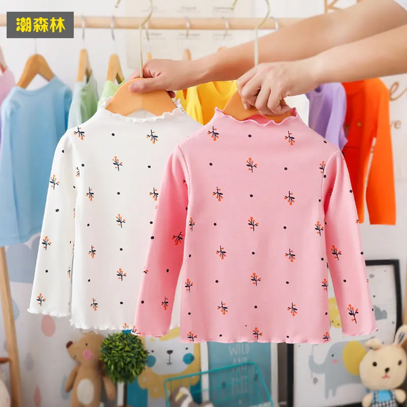 

2-6 Years Kids Girl Clothes Spring Autumn Long Sleeve Half High Collar Flower Print Cotton T-shirt