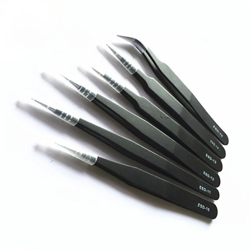 6pcs esd antistatic stainless steel tweezer set maintenance repair tool kit antistatic model making tool hand tool set