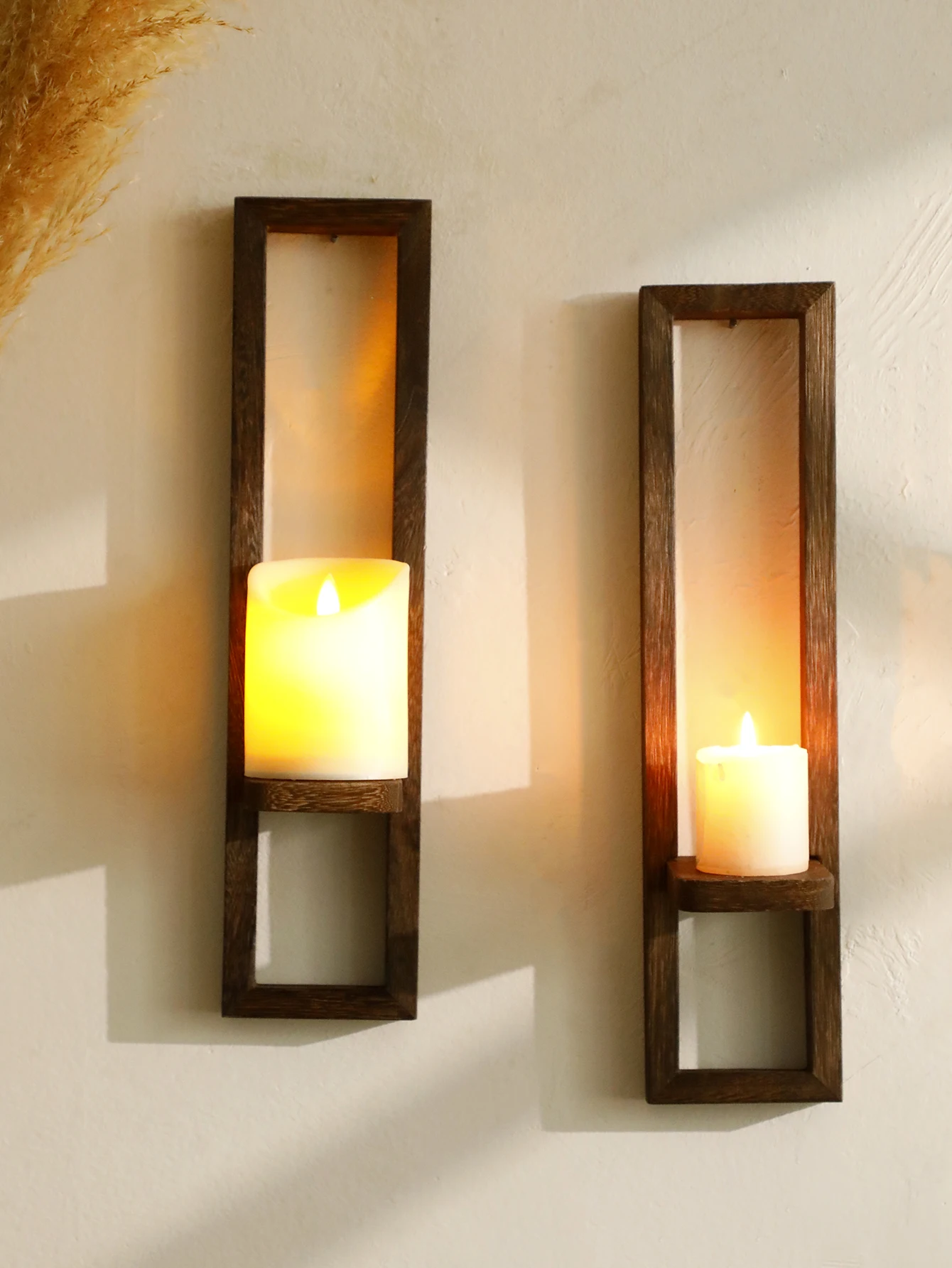 Wooden Candle Holders Charcoal Colored Wall Shelves Vertical Frame Decor Sconces Floating Shelf for Living Room, Bedroom & Party - view 3