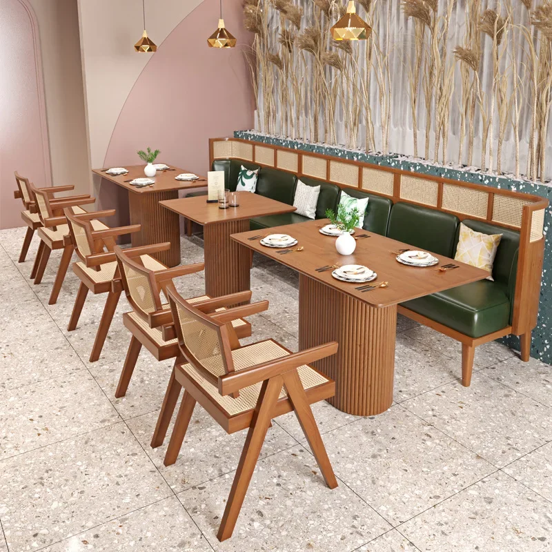 Wholesale Price customized luxury modern restaurant furniture set rattan wooden tables and chairs