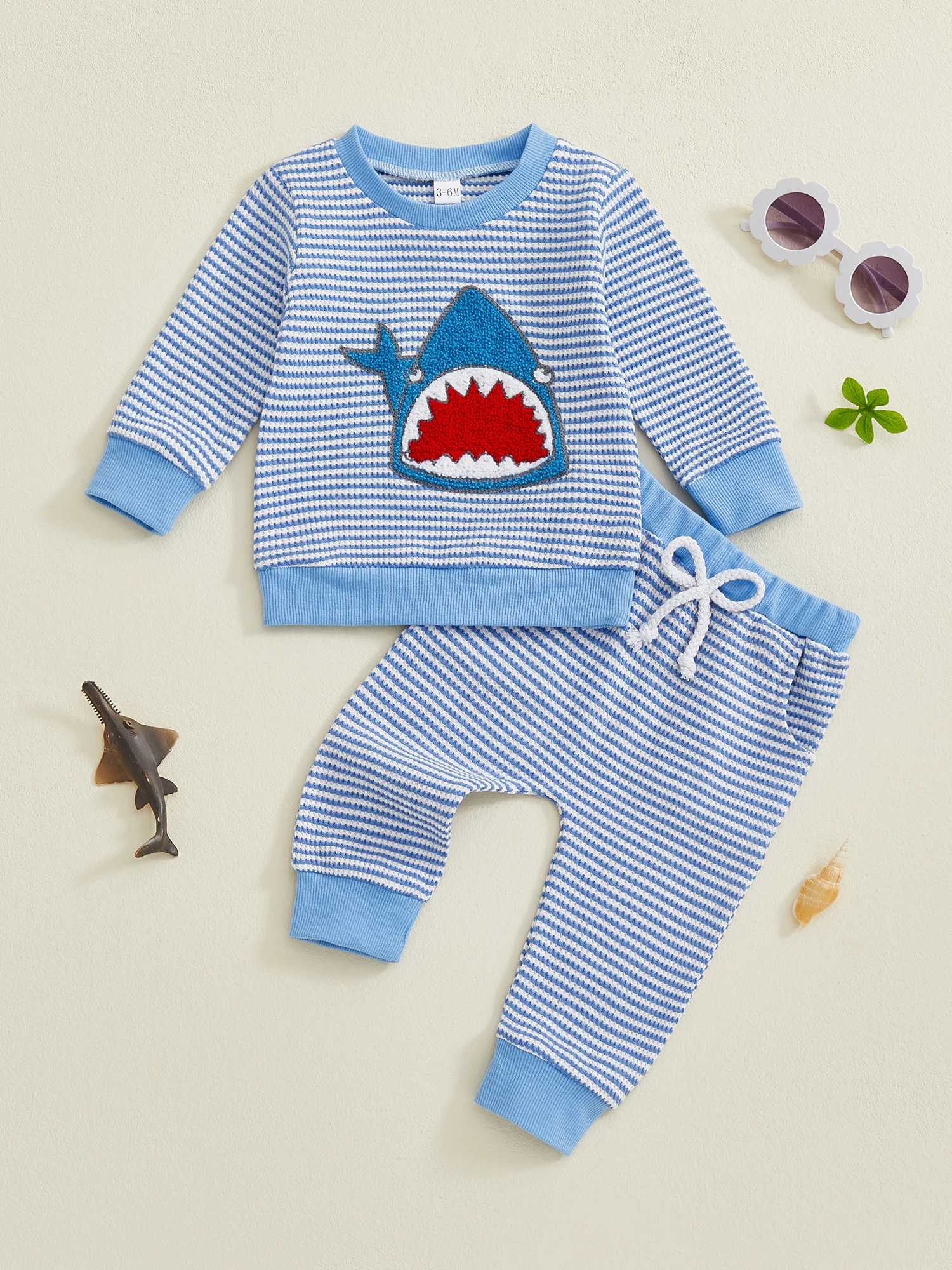 

Baby Boy Autumn Striped Clothes Dinosaur Applique Crew Neck Sweater Stretchy Waist Trousers 2 Piece Suit