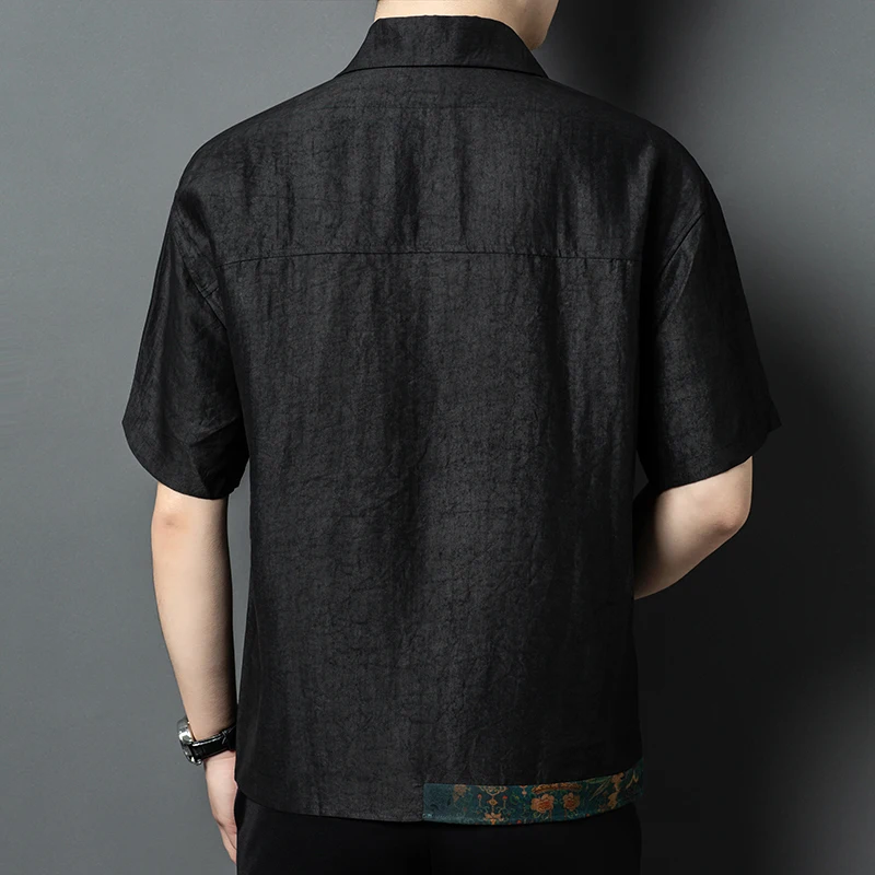 Crackle Gambiered Canton Gauze Shirts For Men Short Sleeve Satin Summer Quality Geniune Silk Softness Coolness Camisas De Hombre