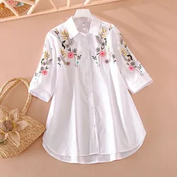 Women Shirt New Loose 2024 Summer Coat Straight National Style Literature Lapel Large Size Jacket Embroidered Sleeve Tops Female