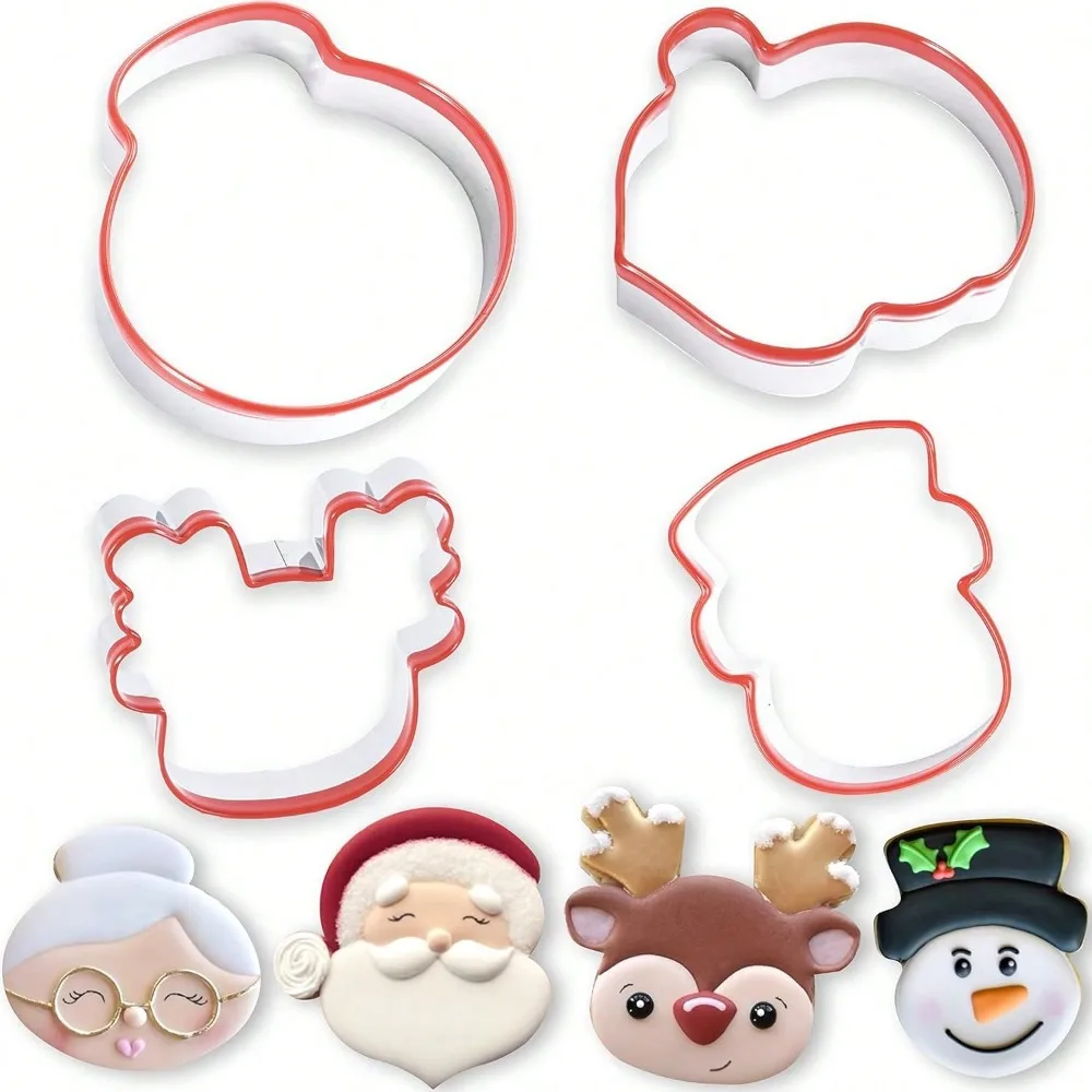 

COOKIEQUE 4 Pieces Christmas Cookie Cutters Set With Santa Face, Reindeer Face, Snowman Face, Mrs. Claus Cookie Cutters For Baking Christmas Unique Design With Protective Red Top PVC