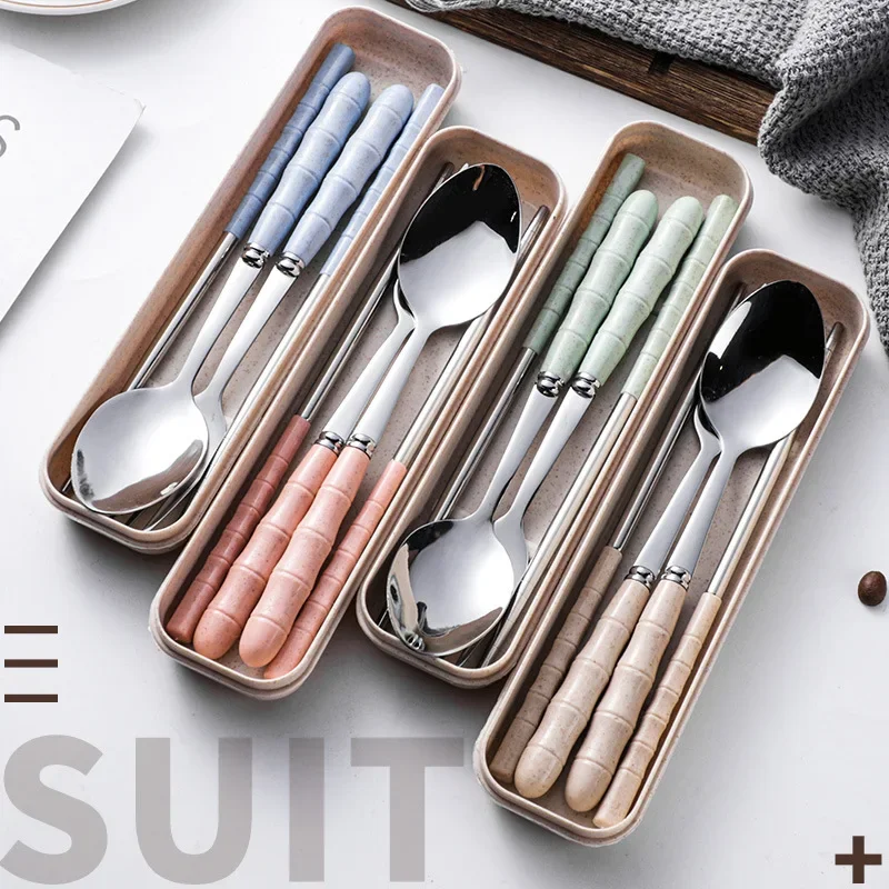 2/3PCS Spoon Fork Chopstick Cutlery Portable Dinnerware Kit Lunch Tableware With Box Set 401 Stainless Steel Kitchen Accessories
