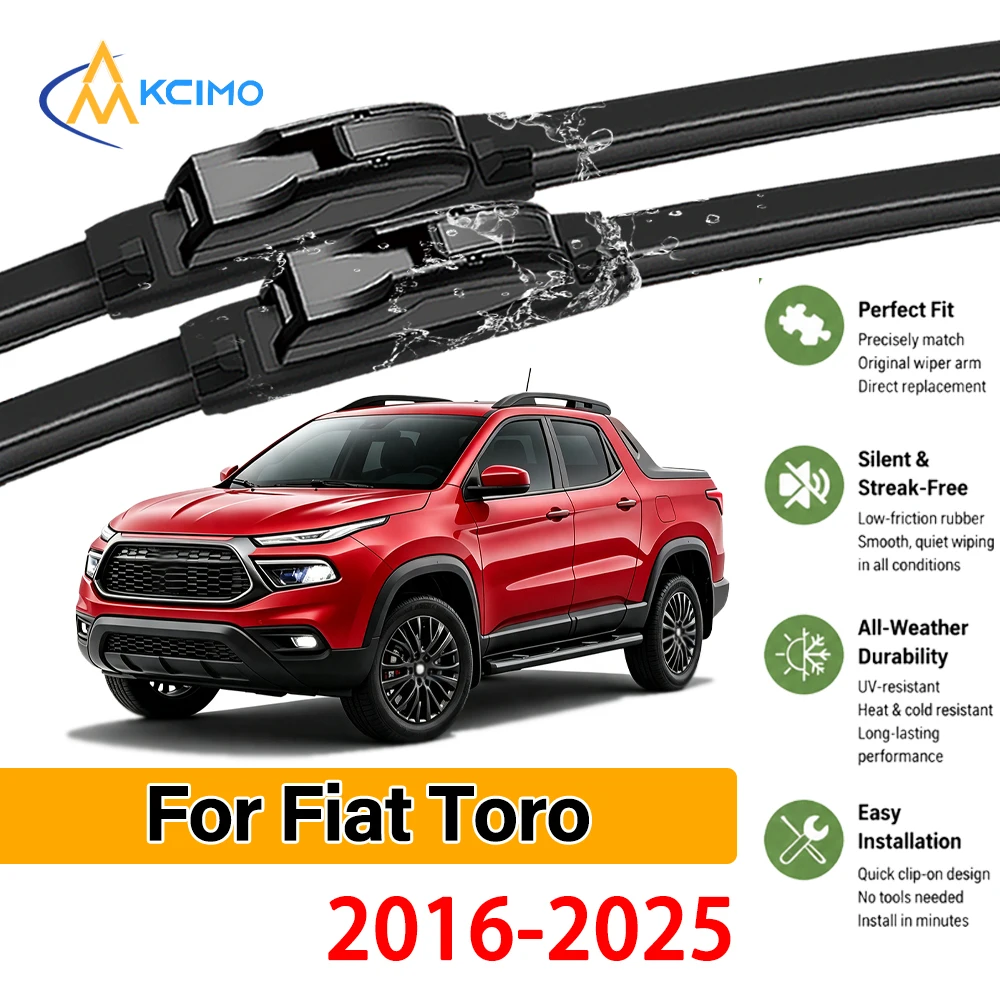 Balais d'essuie-glace noirs robustes et durables, lot de 2, pour Fiat Toro 2016-2025, installation rapide, excellente performance de nettoyage