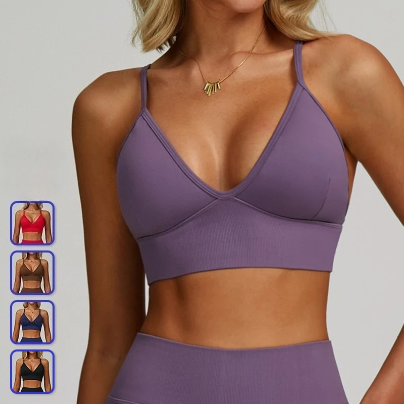 

New Women Shockproof Fitness Running Crop Tops Sexy Deep V-Neck Sports Bra Push Up Yoga Bra Strap Adjustable Gym Workout Tops