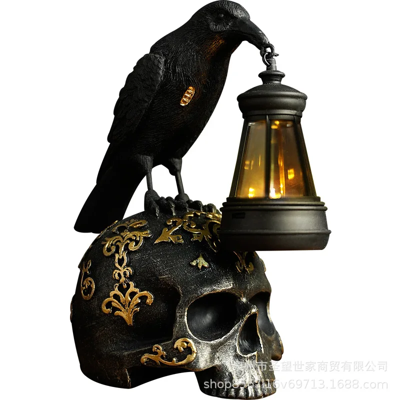 

Cross-border new product Halloween crow ornament retro desktop skull prop resin ornament solar ghost festival decoration