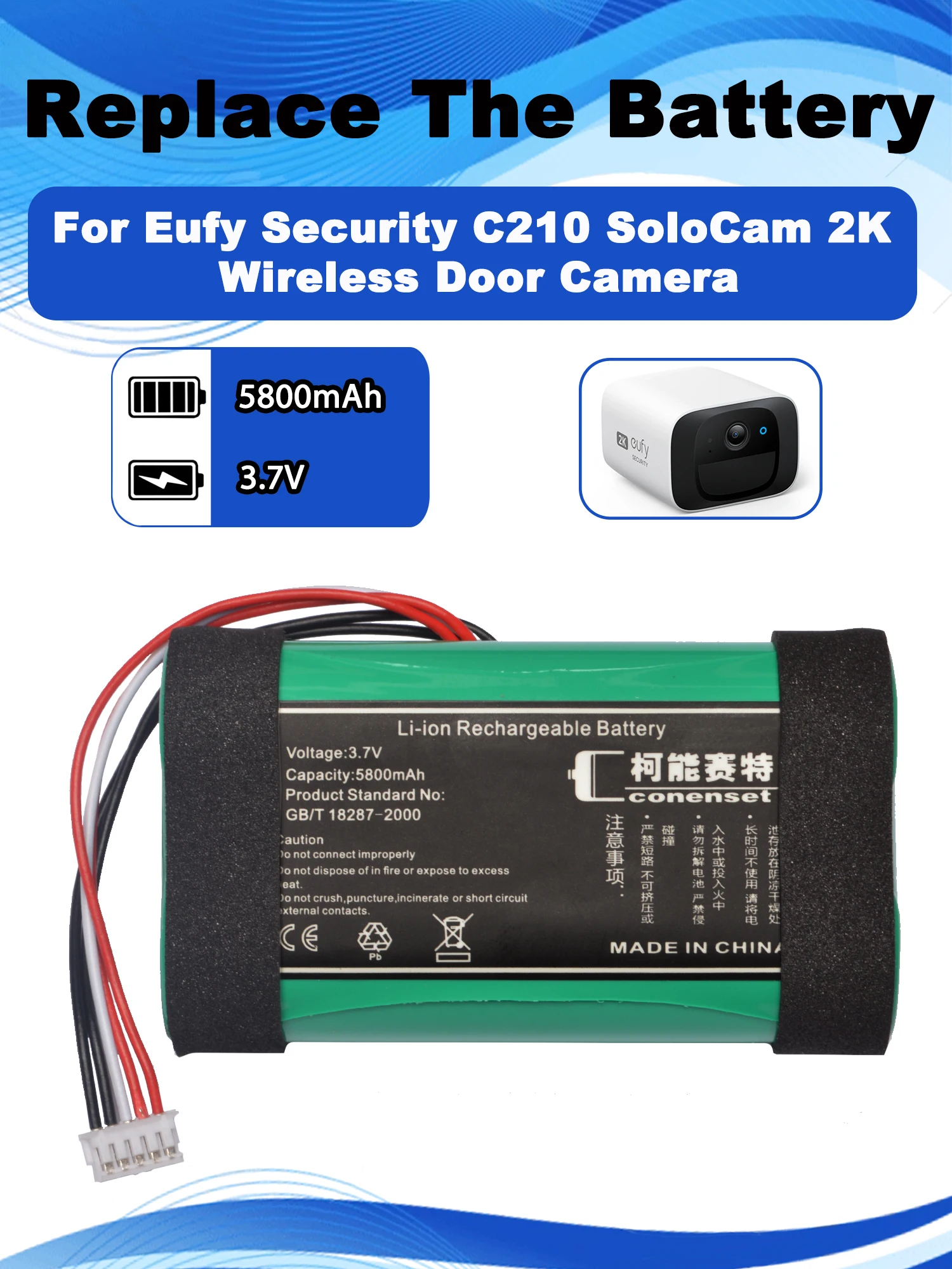 3.7V 5800mAh Replacement Battery for Eufy Security C210 S220 SoloCam Doorbell Camera Replaces Eufy 34M 2P Parts