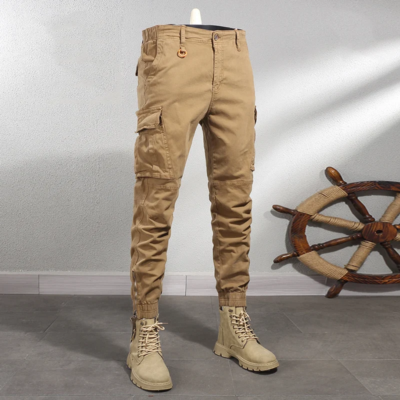 

Italian street fashion men's retro khaki jeans stretch jeans men's designer embroidered hip-hop pants hombre