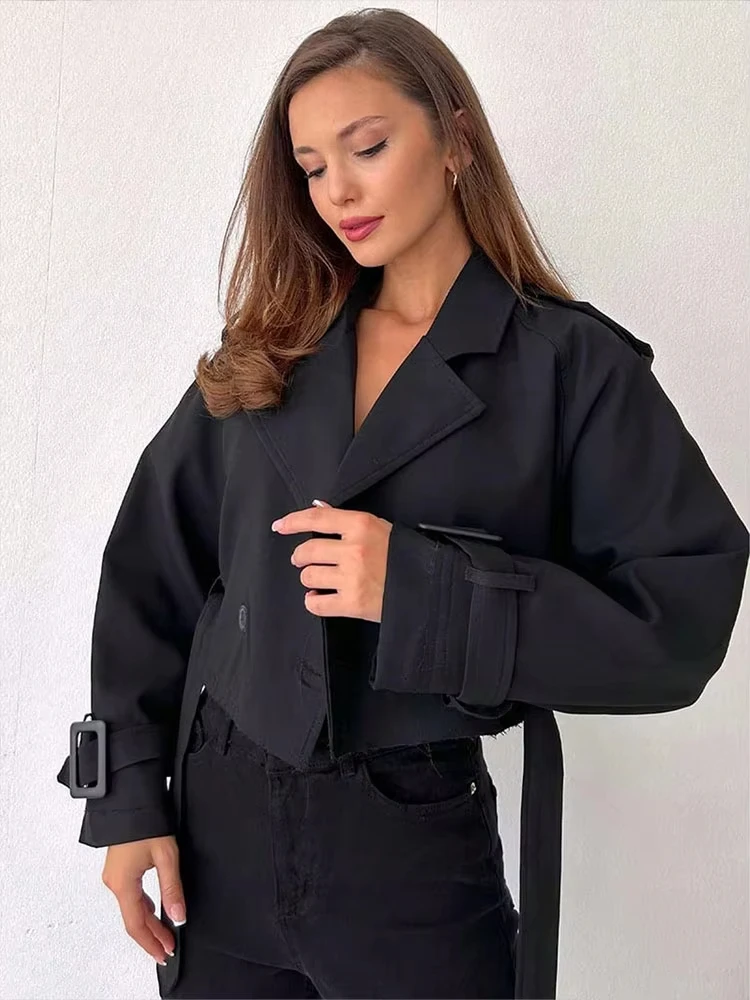 HH Women Casual Short Trench Coat Long Sleeve Notched Lapel Loose Jackets with Belt Female Elegant Button Down Outerwear