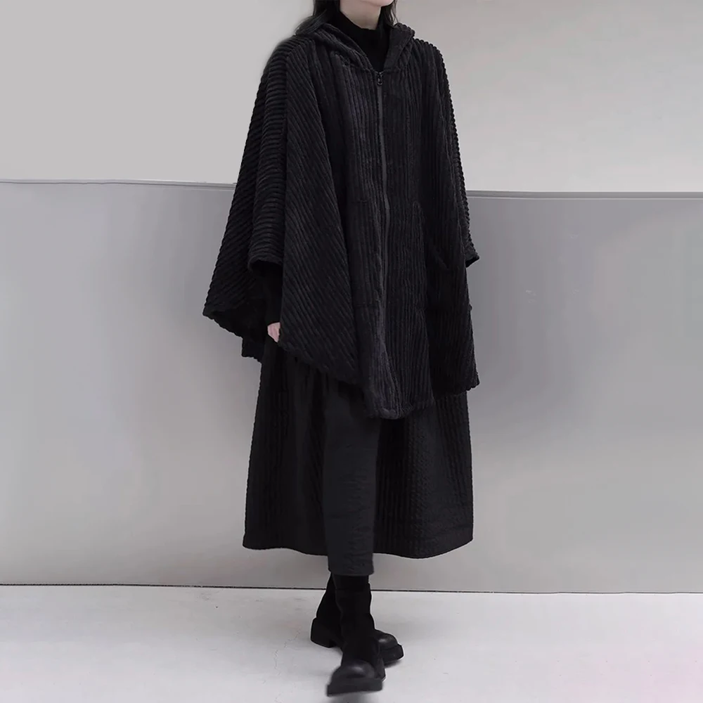 Mens Harajuku Dark Style Casual Hooded Cloak Autumn Winter Genderless Fashion Youth Long Retro Loose Solid Color Coat Unisex