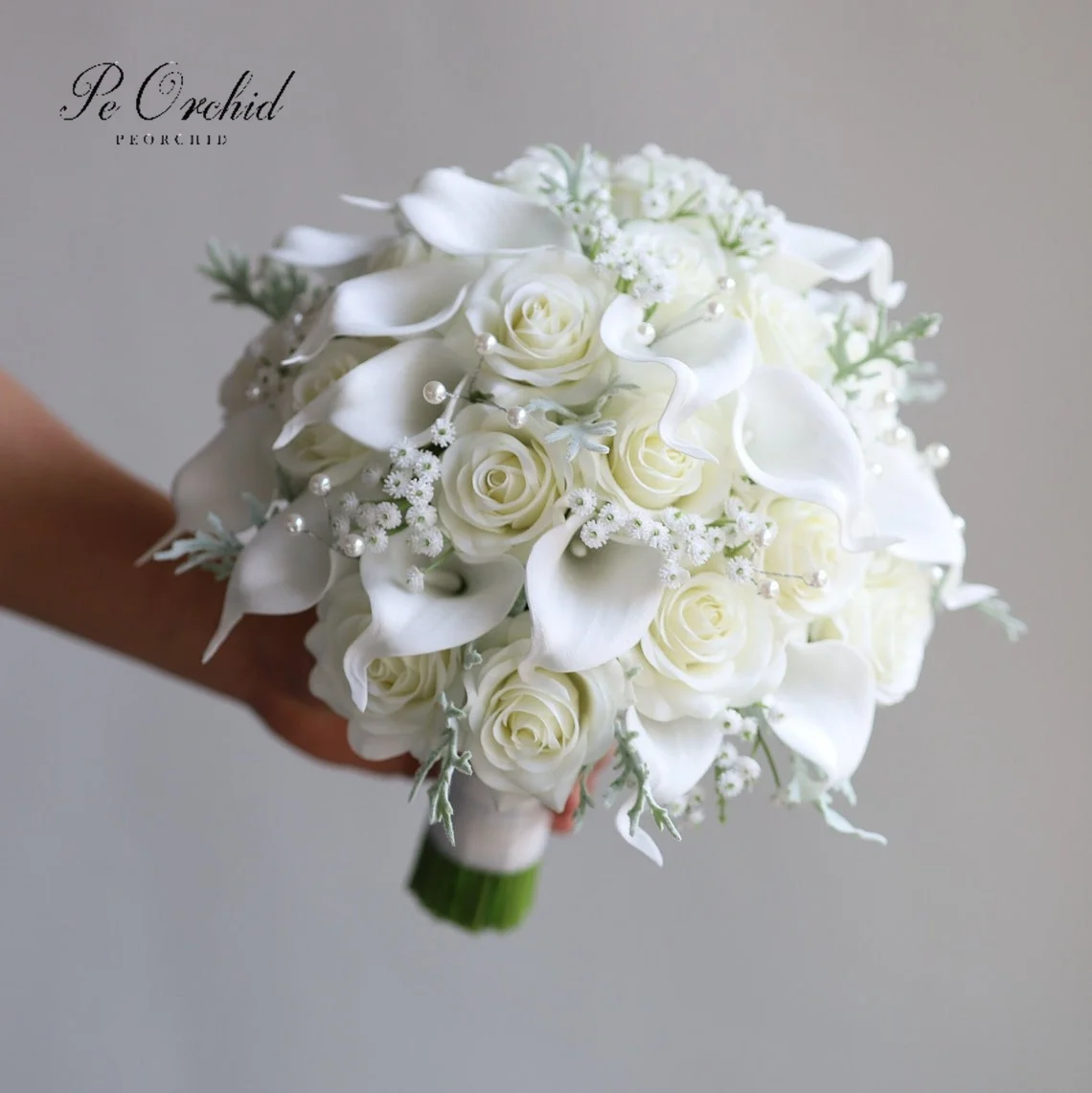 PEORCHID Faux Ivory Roses Pearls Bridal Bouquet Luxury Real Touch Calla Lilies Artificial Wedding Silk Flowers Bouquets