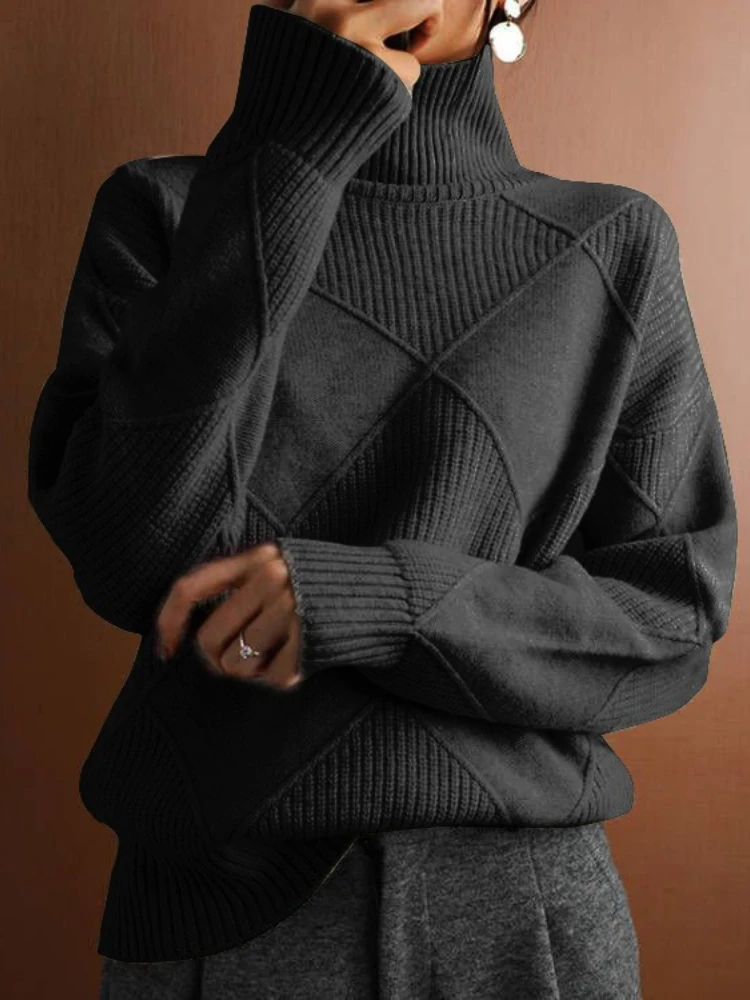 

Autumn Winter New Casual Versatile Knitted Sweater Loose Turtleneck Warm Sweater Solid Color Knitted Pullover Oversized Sweater