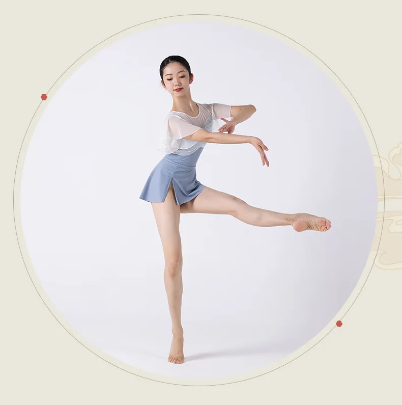 2024 New Girls Dance Practice Costume Latin Ballet Quick-drying Mesh Gauze Lotus Sleeve Tops Summer Sexy Blue Jumpsuit Skirt