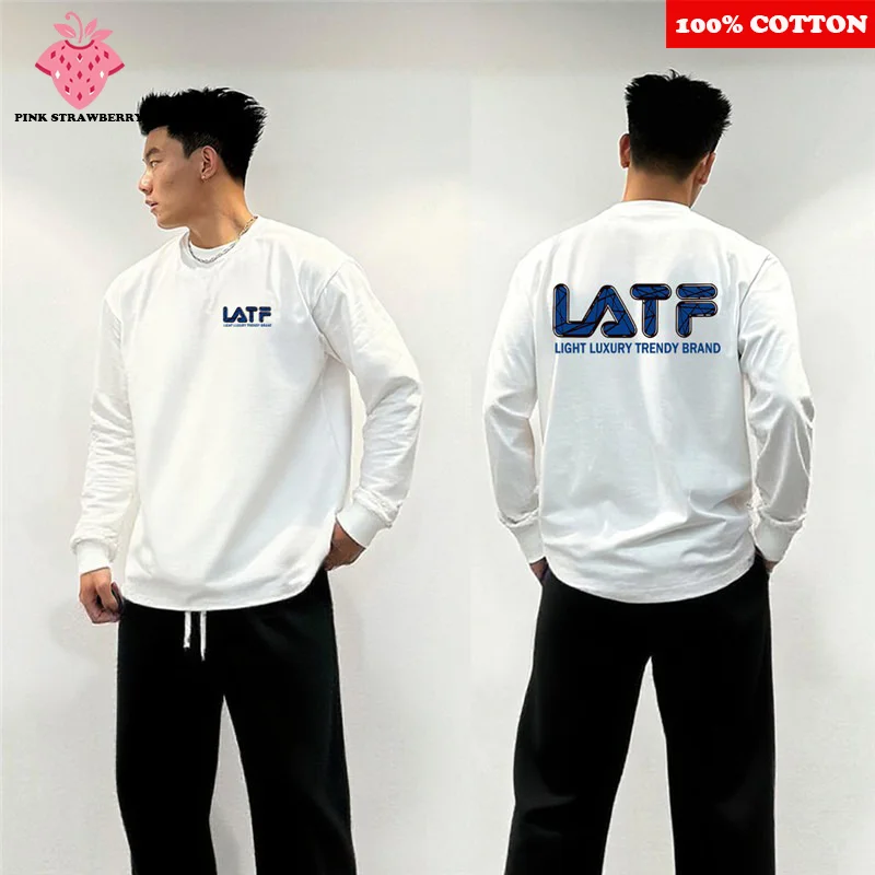 

100% Cotton Oversized T-Shirt Men's 2025 Autumn New Letter Print Tee Sports Gym White Long Sleeve T-Shirt Y2k Top Mens Clothing