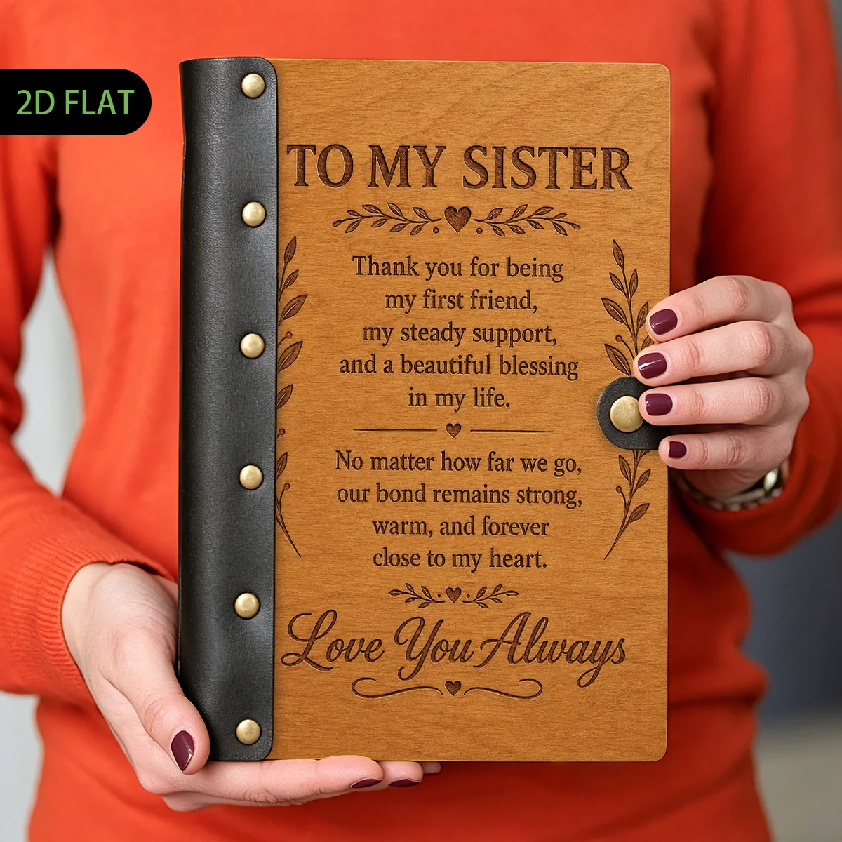 1pc Leather and Wooden Hardcover Notebook Design, 2D Flat Rustic Wood Grain To My Sister Love Quote, Leaf Wreath Vintage Journal