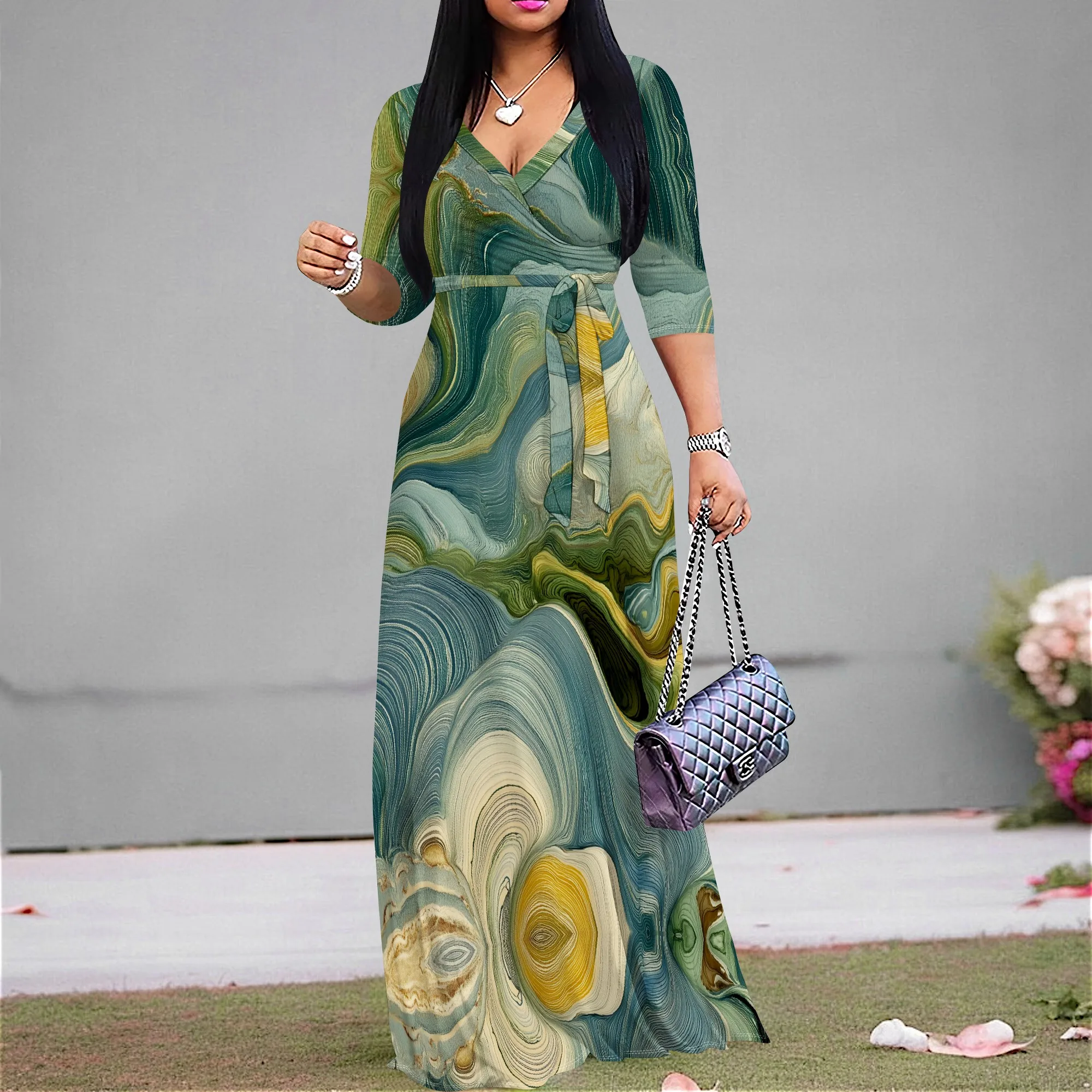 

Green Yellow Marble Print Maxi Dress S‑3XL V‑Neck Wrap Style with Belt & 3/4 Sleeves for Art Show, Cultural or Elegant Look