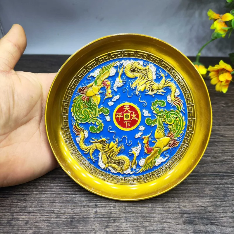 Collectible antique ornaments with patina, dragon phoenix motifs, "Peace in the World" copper plates and dishes