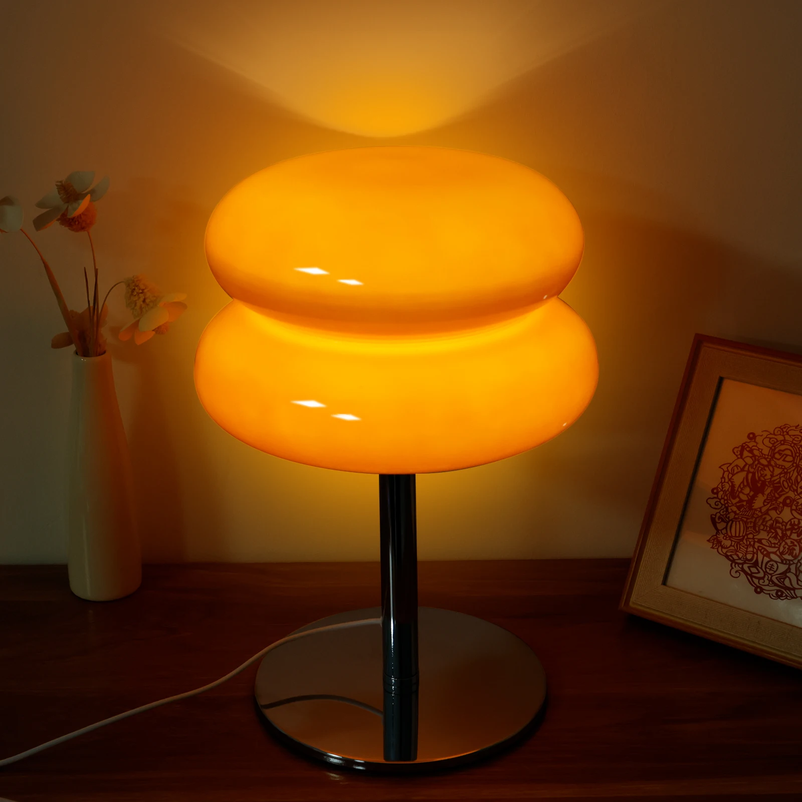 Orange Glass Bedside Table Lamp, Mid Century Modern Table Lamp for Nightstand, Cute Egg Tart Retro Mushroom Aesthetic Lamp