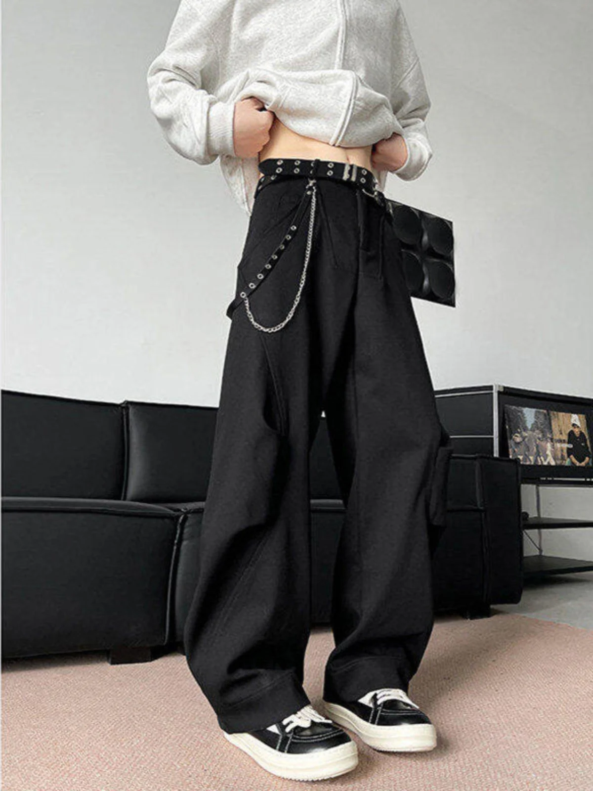 

Мужские дугообразные весенние широкие брюки для спецодежды Bla, повседневные брюки с цепочкой, прочные брюки прямого кроя из полиэфирного волокна