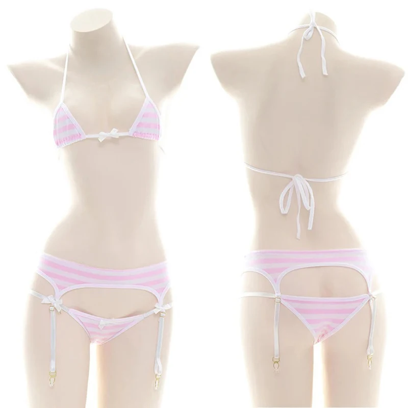 AniLV Japanese Student Cute Striped Underwear Set Sexy Lingerie Beach Bikini Three-Point Bow Bra Panty Set Erotic Costumes