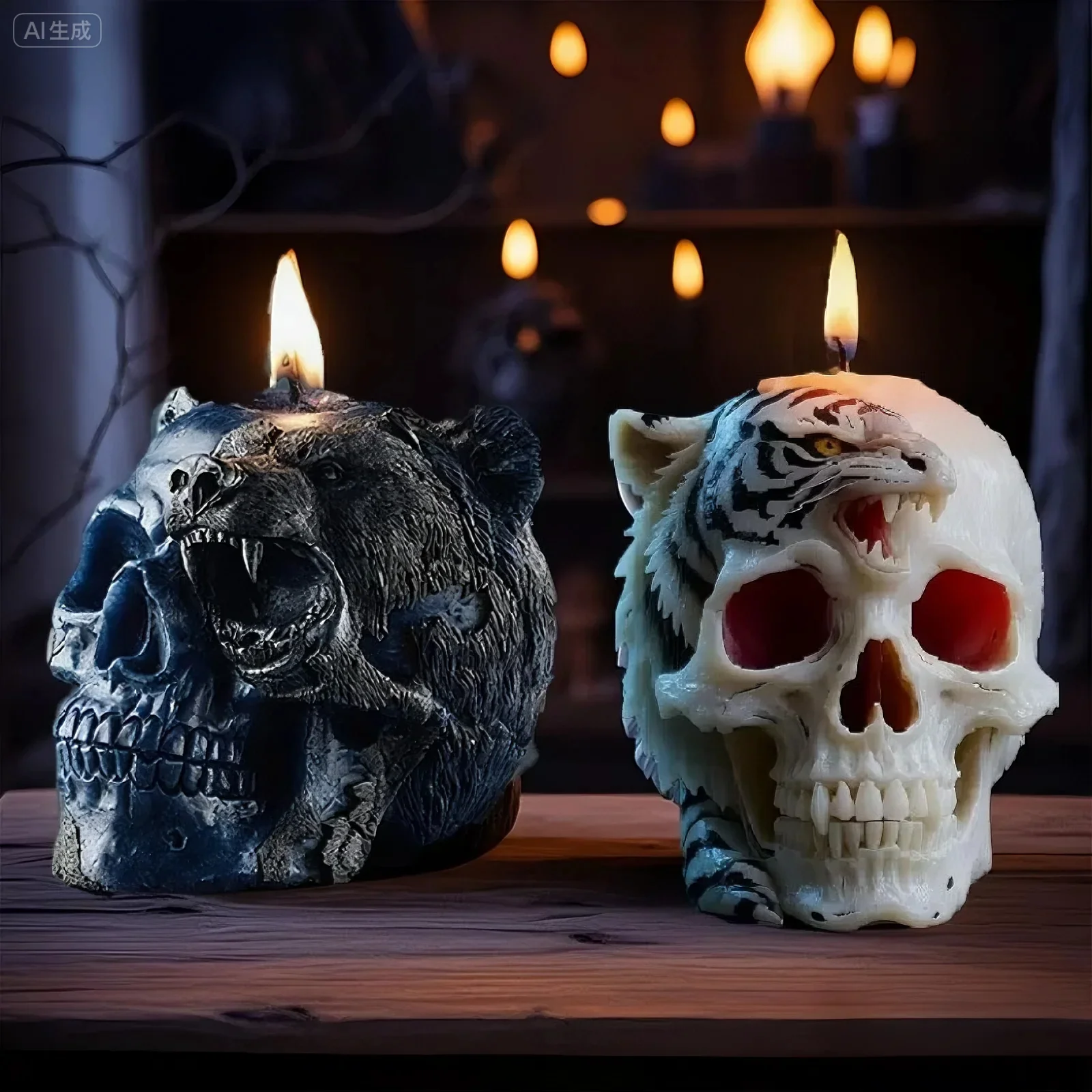 Molde de vela de oso negro con calavera de Halloween, combinado con detalles realistas, producción de alta calidad de decoración de velas mol