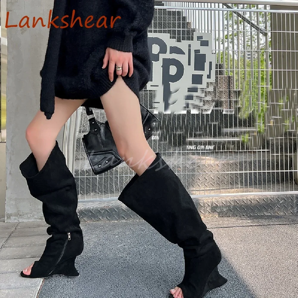 Open Toe Strange Style Women Boots Fashion Niche Design Knee High Zippers Plus Size Solid Summer Women Shoes New Arrivals