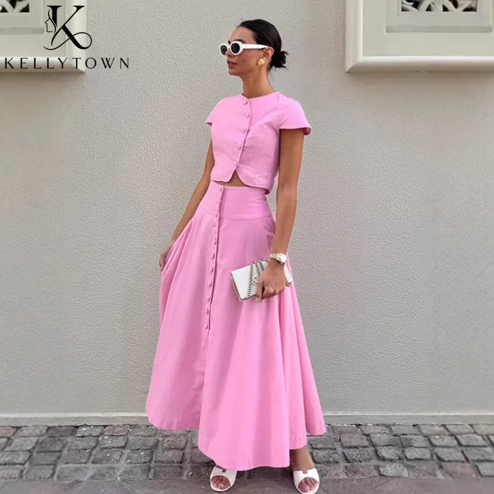 

2026 Summer Women's Matching Sets Button Up Top High Waist A Line Long Skirt Set Solid Loose Chic Elegant Casual Two-Piece Suit