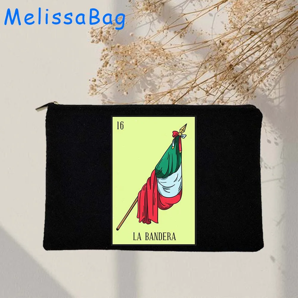 Mexico El Catrin Muertos Tarot BANDERA ESTRELLA SIRENA ROSA Loteria Card Mexican LOTTERY Canvas Cosmetic Makeup Bags Pencil Case