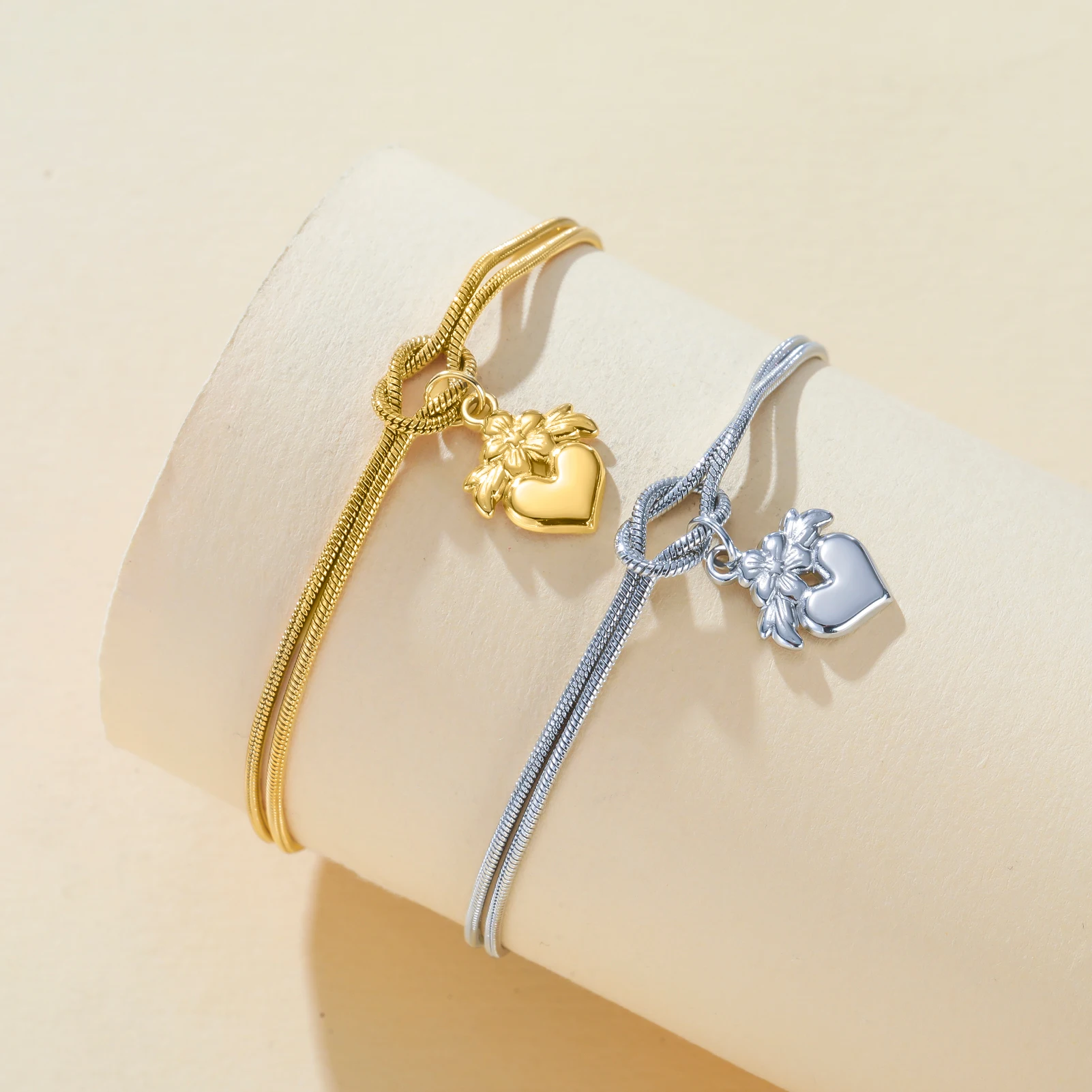 Kkjoy Schlangenkette Knoten Herz Blumen Armband Edelstahl Zierlicher Ins-Stil Niedlicher Schmuck Valentinstag Geschenk für Frauen Mädchen – Detail 2