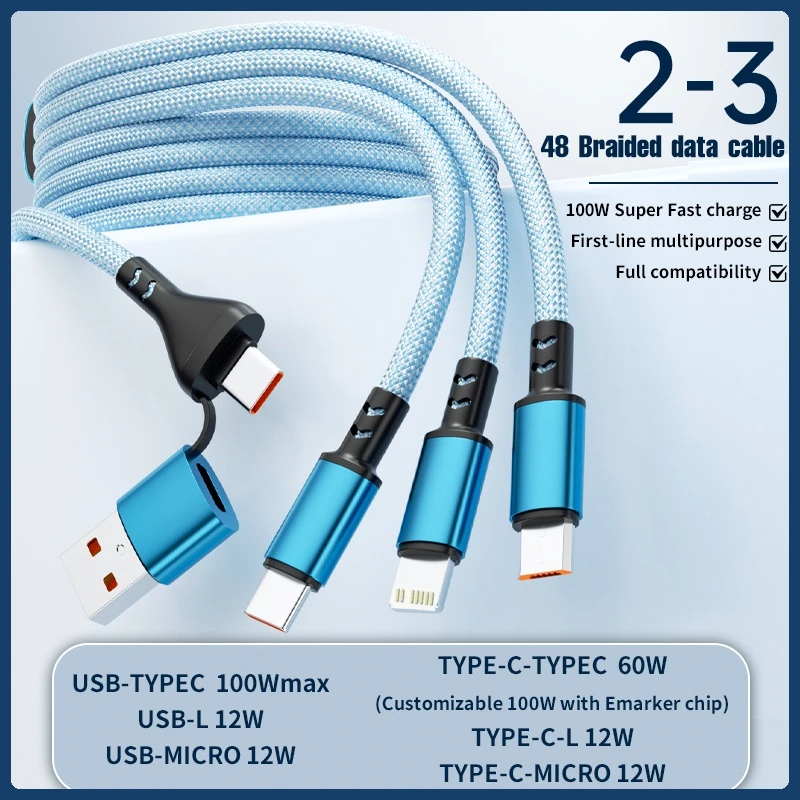 100W Braided Fast Charge Data Cable Two To Three Multi Interface for Huawei Xiaomi Iphone Type C Line Mobile Phone Tablet