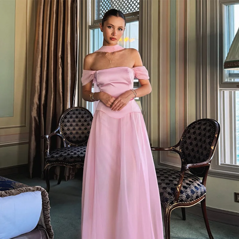 WQ25222PFO فستان طويل أنيق الأكثر مبيعًا مع فستان من الساتان والشبكة مكشوف الكتفين