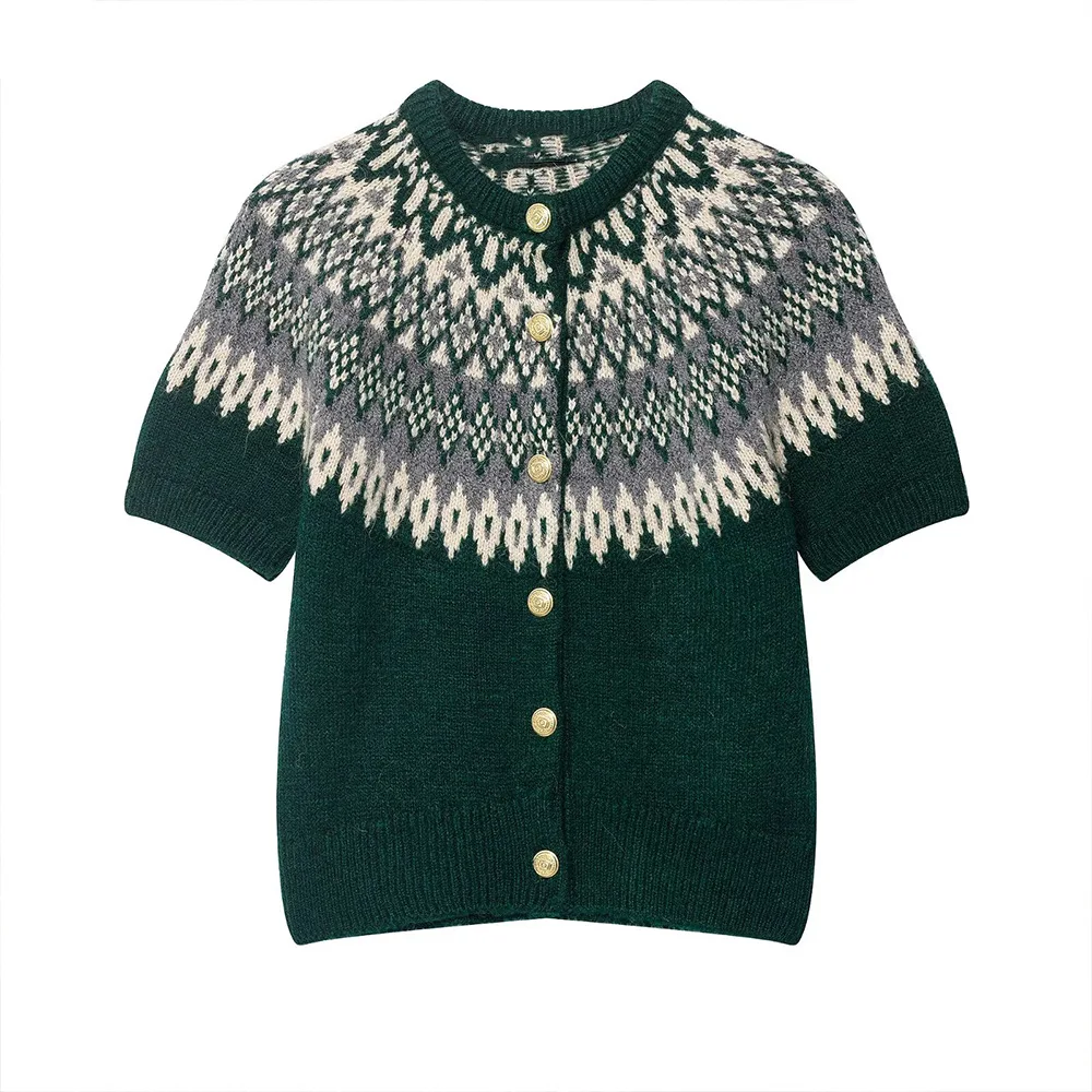 

Женский укороченный вязаный пуловер, жаккардовый облегающий свитер с круглым вырезом и короткими рукавами, однобортный свитер с эластичным подолом, новый зимний шикарный топ