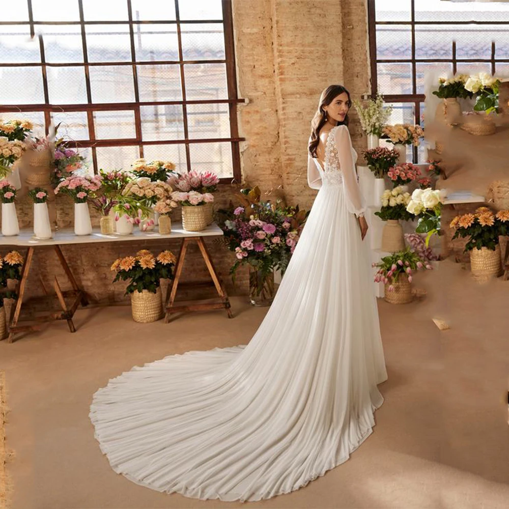 

Customized High Quality Sexy White Wedding Dress Chiffon V-Neck Prom Gown with Appliques A-Line Silt for Floor Length for Women