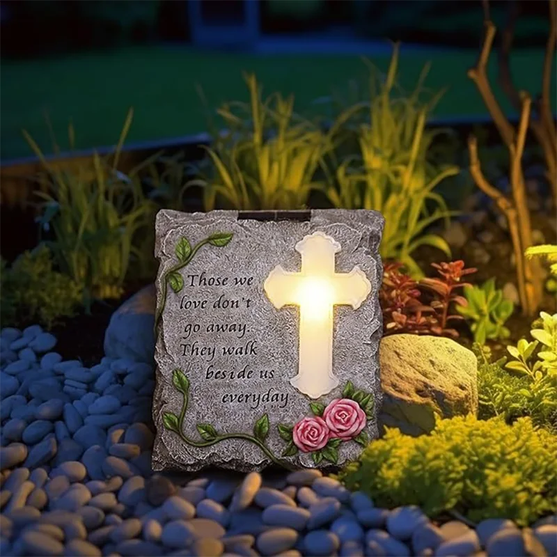 Cross Solar Light Outdoor Garden Decor Waterproof Wall Hanging Plaque Christian Gift Resin Stone Statue for Patio Yard Pathway