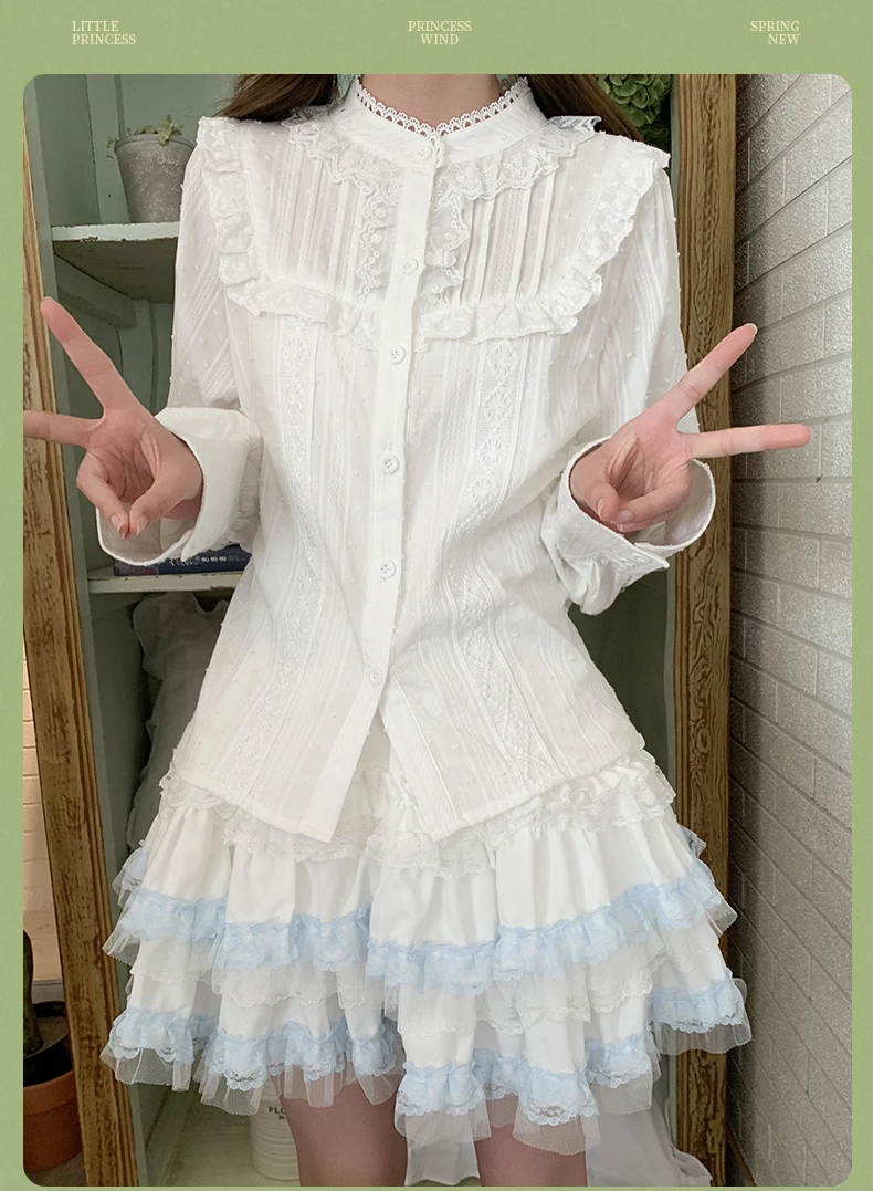 Lolita katoen zoete opstaande kraag kant lange mouw retro dieptepunt shirt lente herfst eenvoudige schattige prinses leeftijdsverminderende top