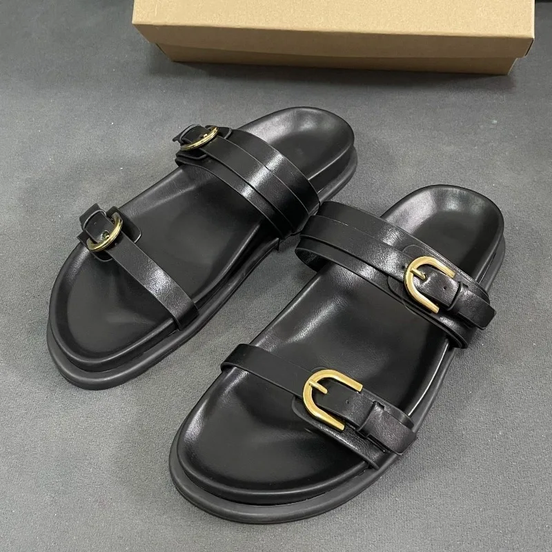 Retro Design Women\'s Flat Sandals Fashion Metal Buckle 2024 Summer Beach Shoes for Lady Soft PU Leather Thick Bottom Footwear