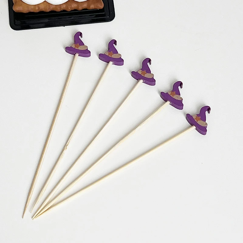 100pcs Halloween Pumpkin Bamboo Skewers Fruit Forks Buffet Dessert Toothpicks Cocktail Stick Ghost Bat Halloween Decoration