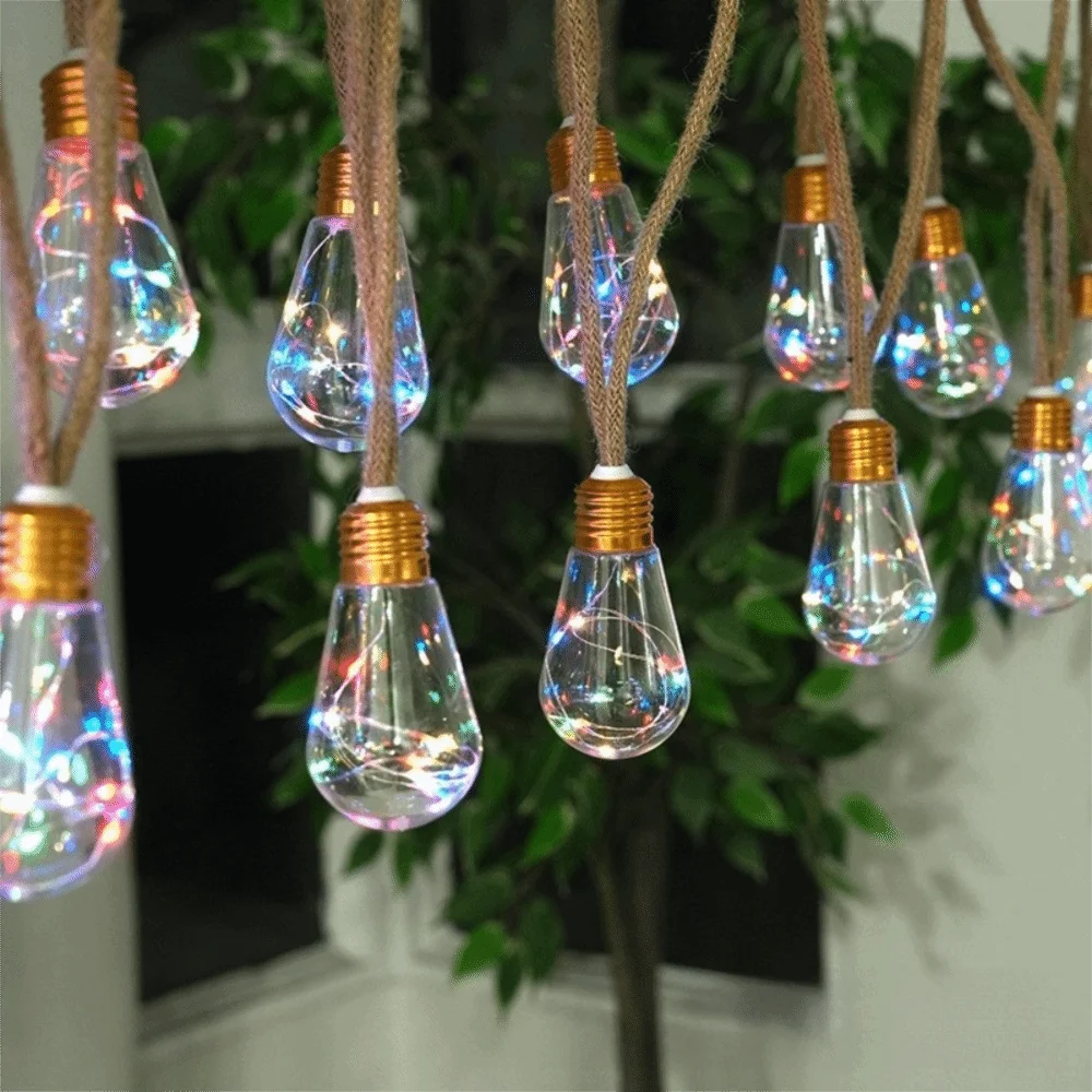 Festive 10/16 LED Solar String Light Bulbs with Hemp Rope Warm/Colorful Light Hanging Light Bulbs Bulb String Light Yard