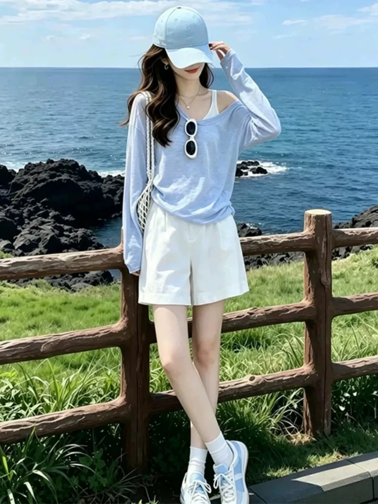 Blue Long Sleeve T-Shirt Set Beach Vacation Sun Protection Layering Tank Top Two-Piece Set Korean Style Loose Fit Cotton Poly...