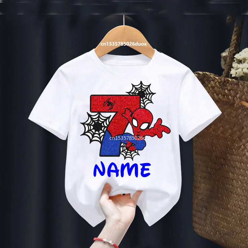 Kid 2 3 4 5 6 7 8 9 Years Birthday Marvel Spiderman Girl Shirt Children Super Hero Personalize Name Birthday Party Boys T-shirts