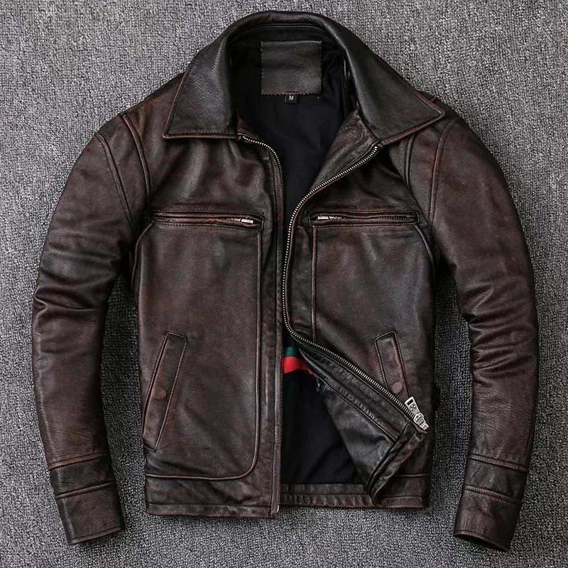 New Men Cowhide Coat Men's Genuine Leather Jacket Vintage Style Man Clothes Motorcycle Biker Jackets Plus Size 134cm