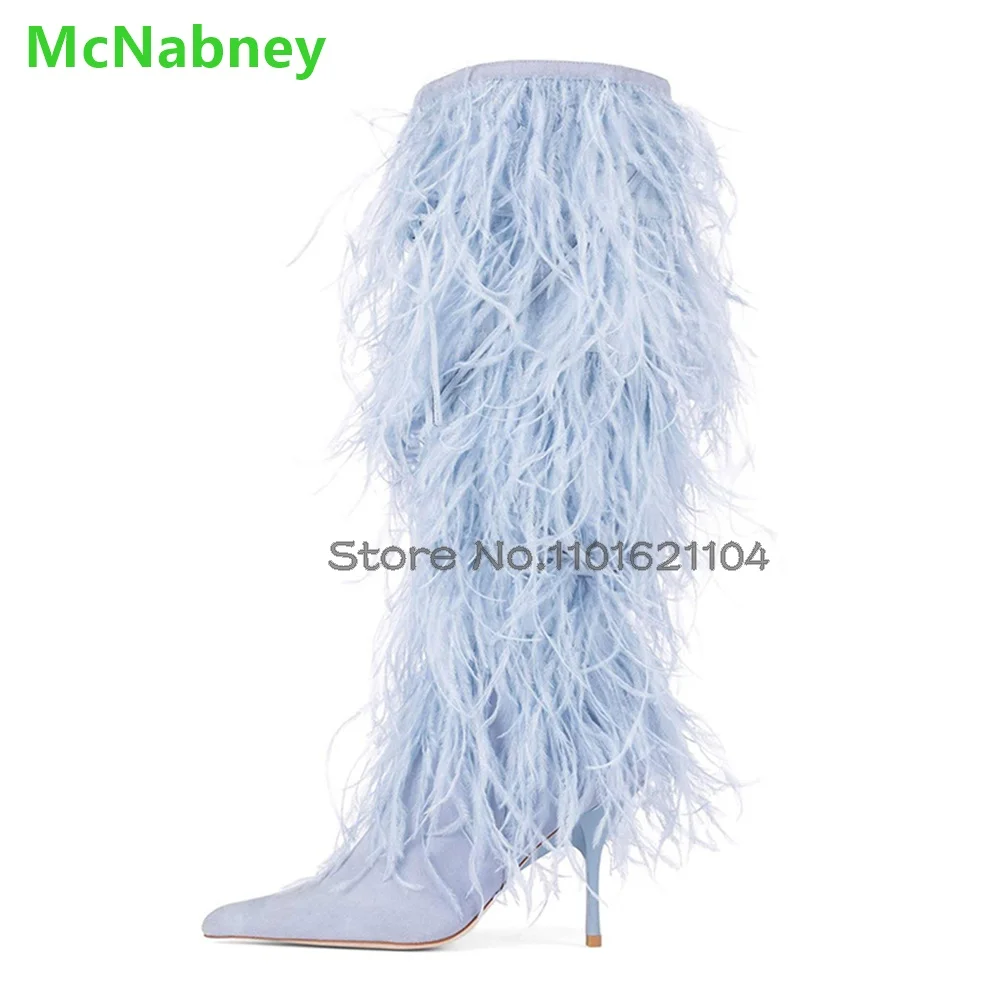 Feather Ponted Toe Thin High Heel Boots For Female Women 2024 Winter New Slip-on Sexy Elegant All-match Fashion Solid Shoes